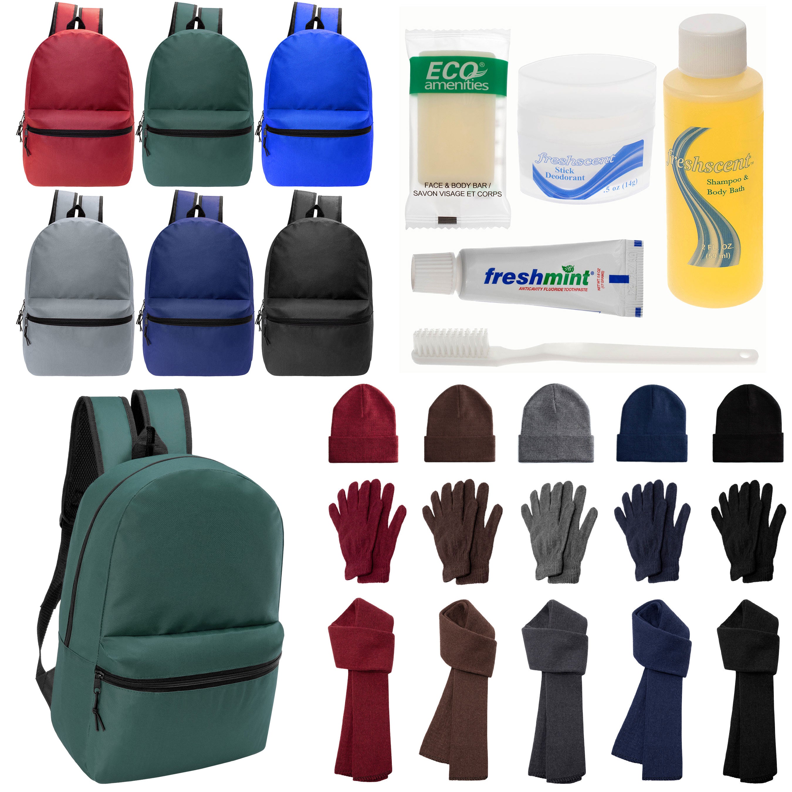 12 Basic 18.5" Backpacks in 6 Colors, 12 Winter Item Sets & Your Choice of 12 Bulk Hygiene Kits - Wholesale Homeless Care Package
