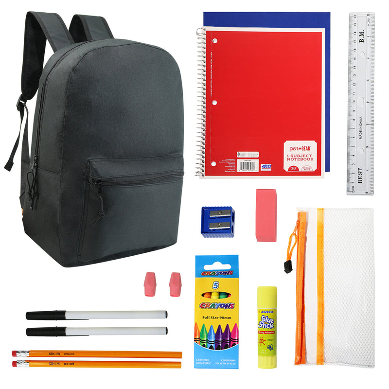 18 Piece Wholesale Basic School Supply Kit With 17" Backpack - Bulk Case of 12 Backpacks and Kits