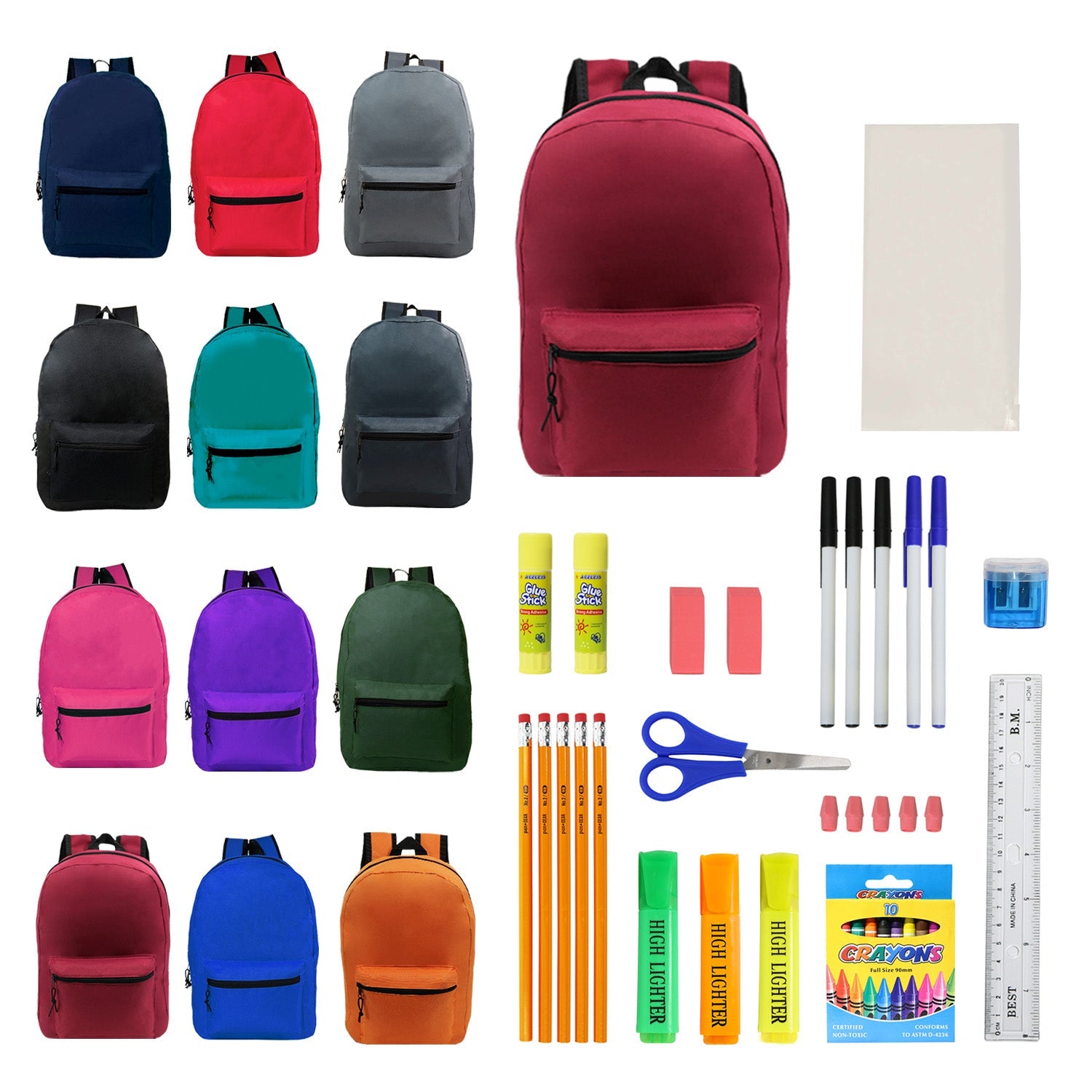 17 Inch Bulk Backpacks in Assorted Colors with School Supply Kits Wholesale - Case of 24 (12 Color Assortment)