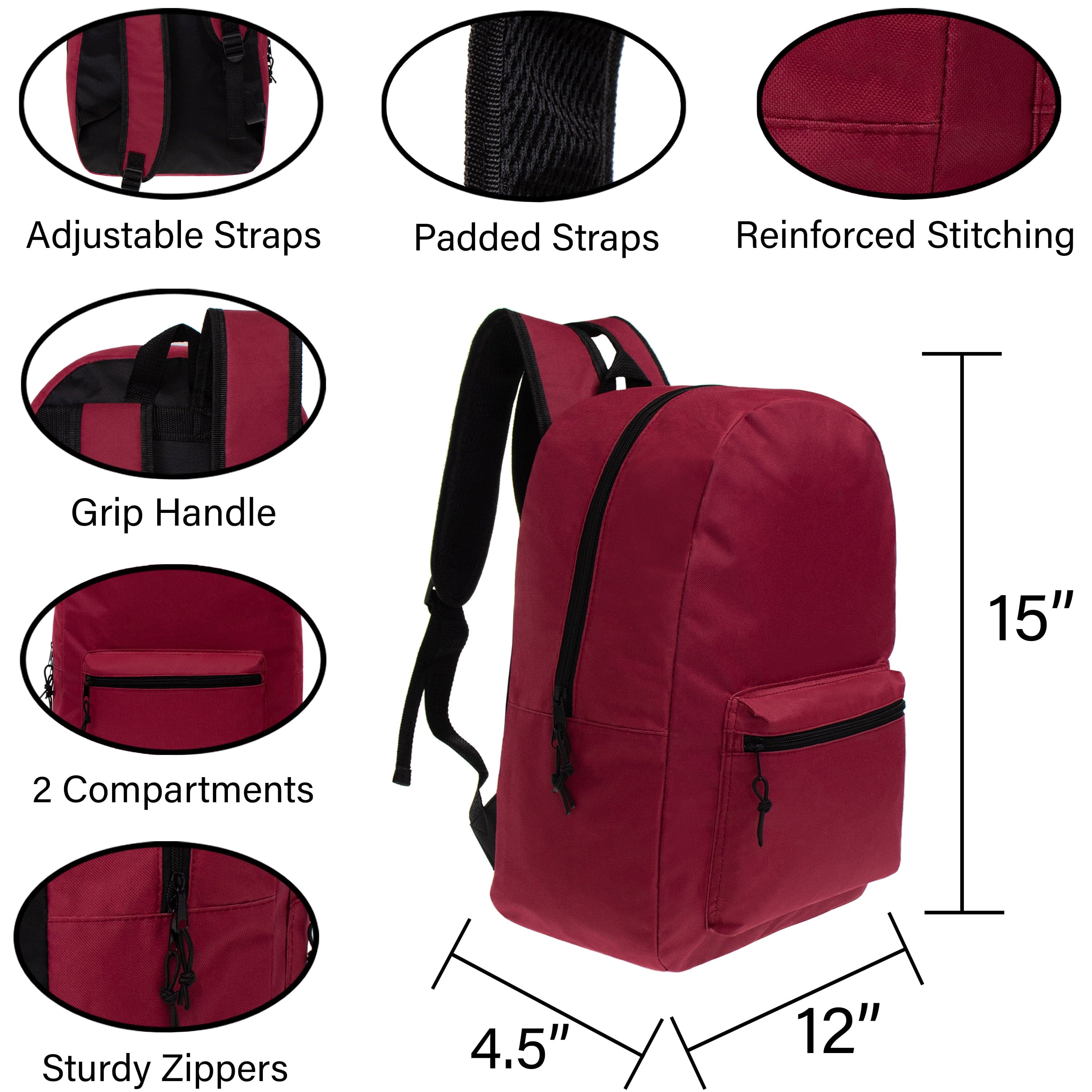 15" Kids Basic Wholesale Backpack in 8 Colors - Bulk Case of 24