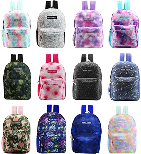 24 Pack of 17" Reflective and Classic Design Wholesale Backpack in Assorted Colors and Prints - Bulk Case of 24