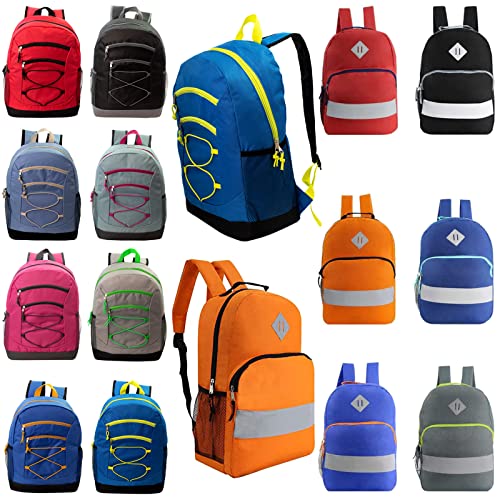 24 Pack of 17" Bungee Deluxe and Reflective Style Wholesale Backpack in Assorted Colors - Bulk Case of 24