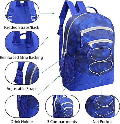 24 Pack of 17" Bungee and Reflective Wholesale Backpack in Assorted Colors and Prints - Bulk Case of 24