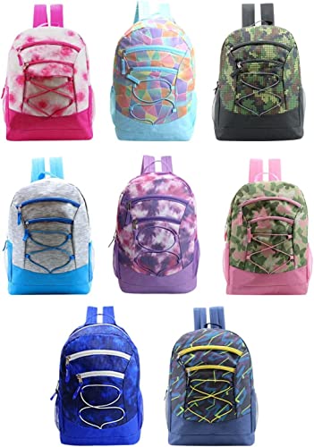 24 Pack of 17" Bungee and Reflective Wholesale Backpack in Assorted Colors and Prints - Bulk Case of 24