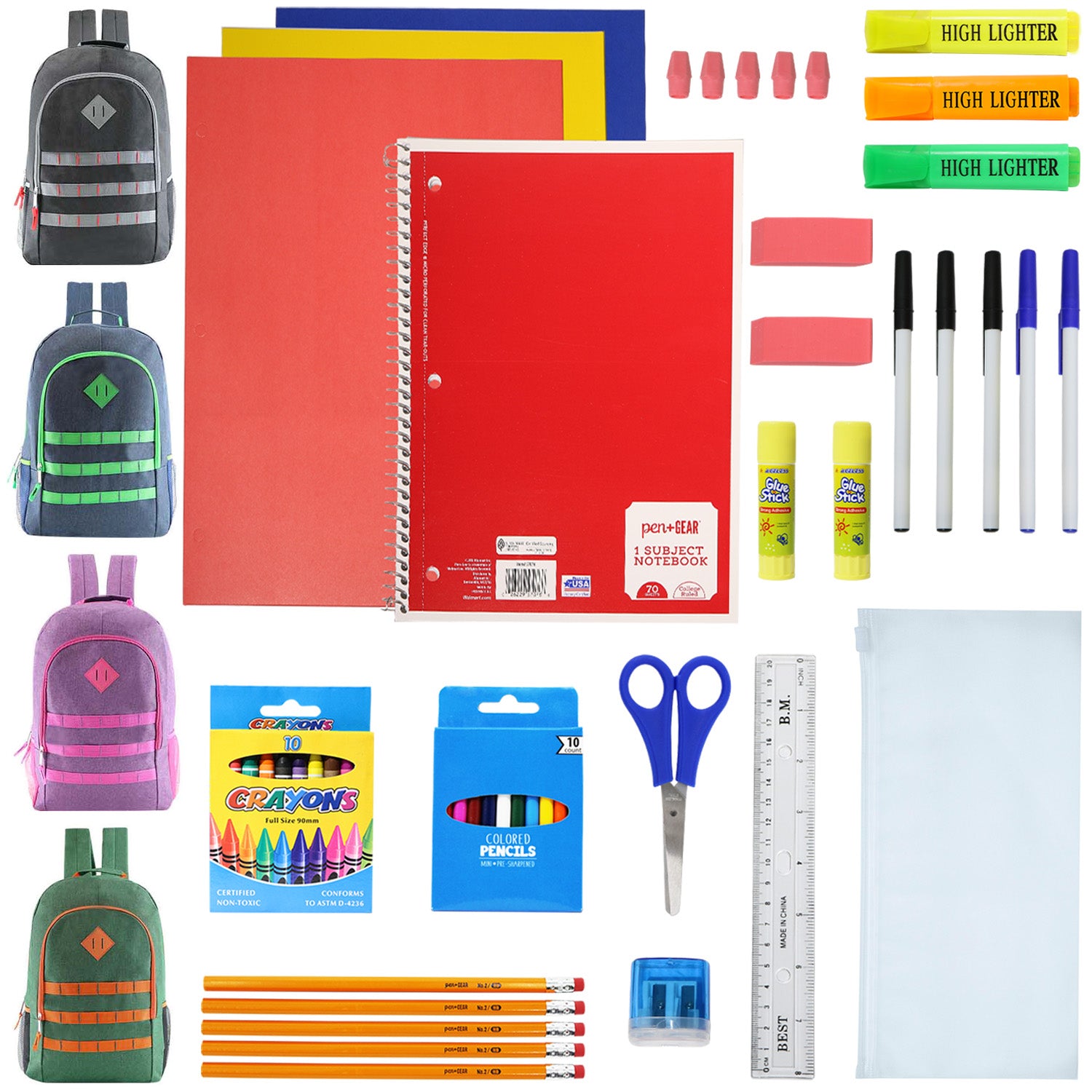 50 Piece Wholesale Basic School Supply Kit With 19 Backpack - Bulk Ca