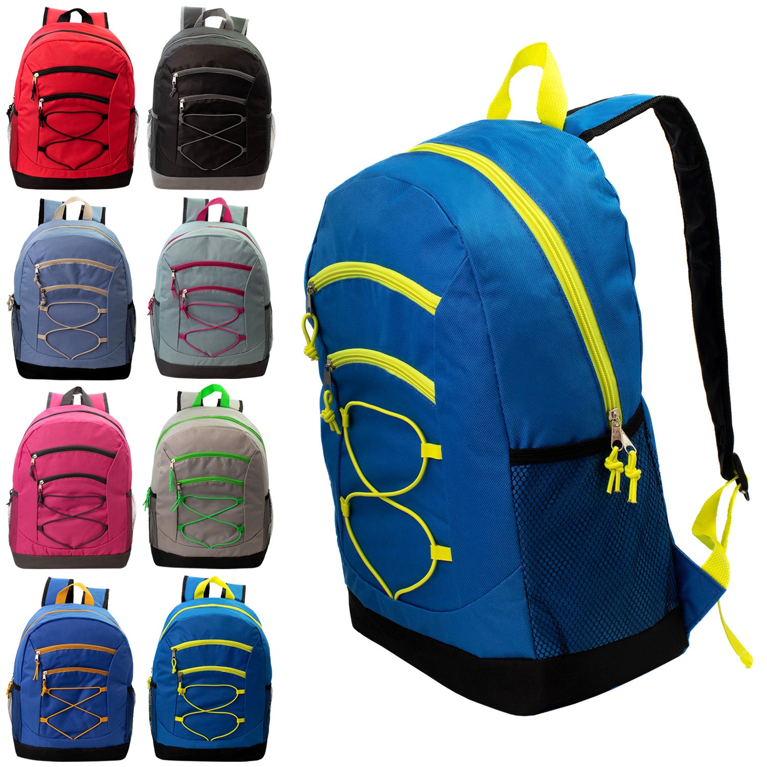 17" Bungee Wholesale Backpack in Assorted Colors - Bulk Case of 24