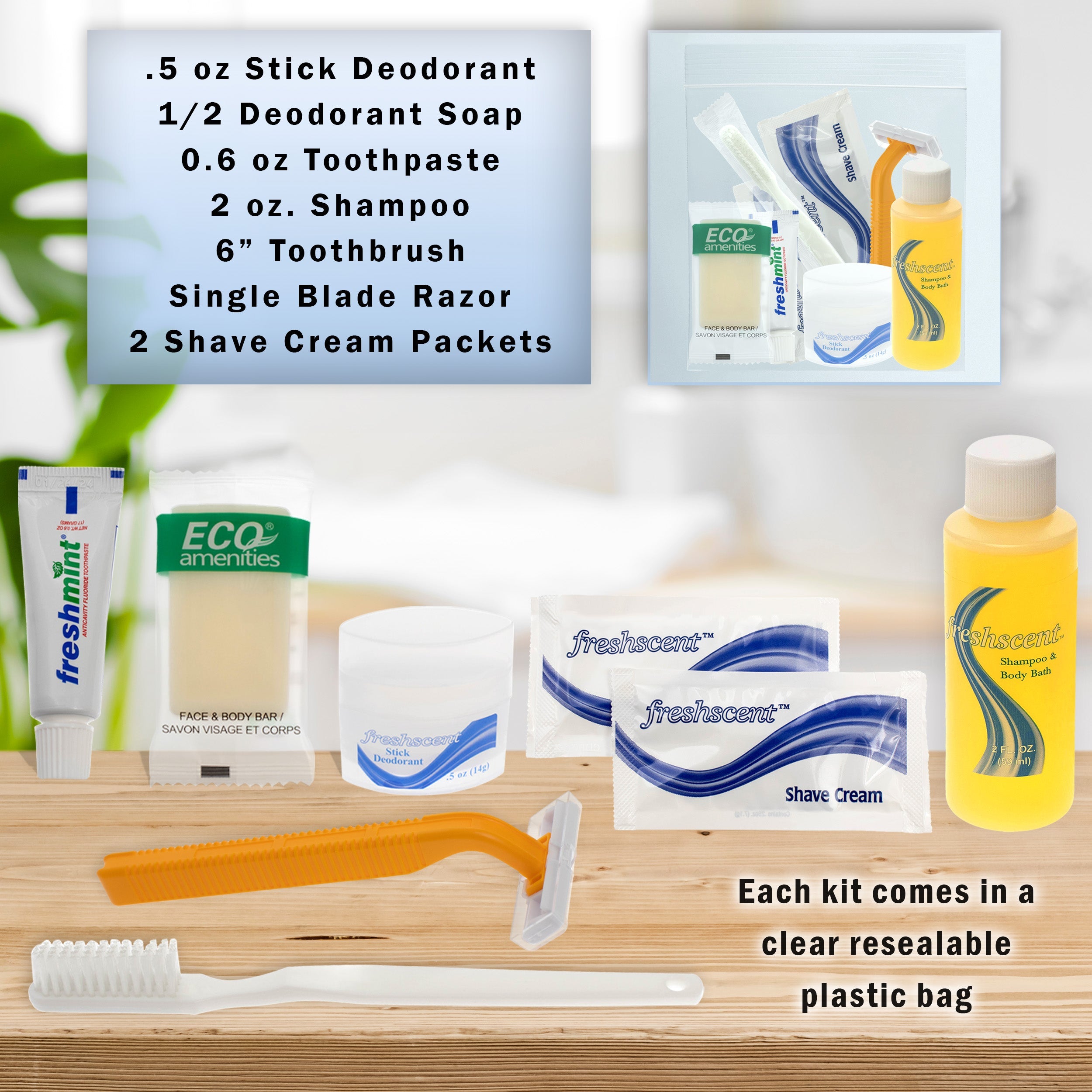 8 Piece Deluxe Wholesale Hygiene Kits - Bulk Toiletry Case of 96