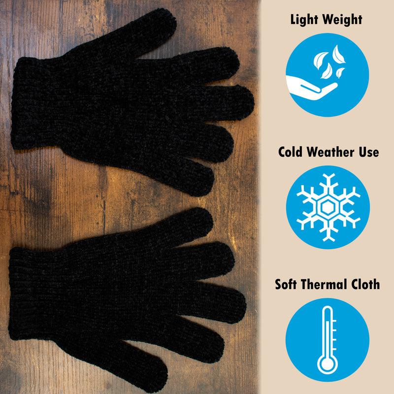 Unisex Wholesale Chenille Gloves in Black - Bulk Case of 96 Pairs