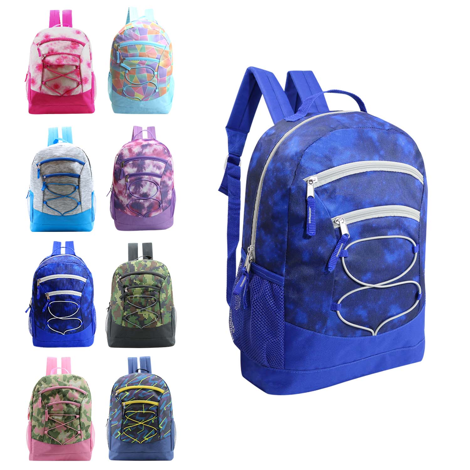 17" Bungee Wholesale Backpack In 8 Prints -  Bulk Case Of 24 Backpacks