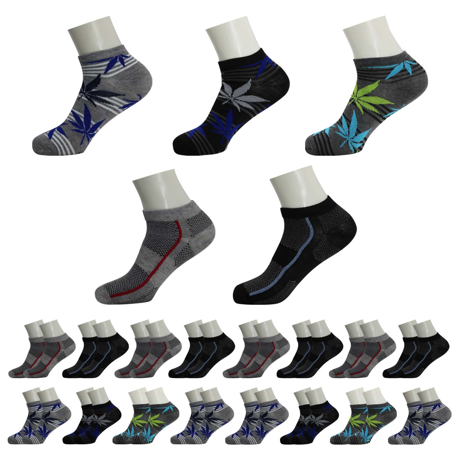 Men's Low Cut Wholesale Sock, Size 9-11 in Assorted Designs - Bulk Case of 144 Pairs