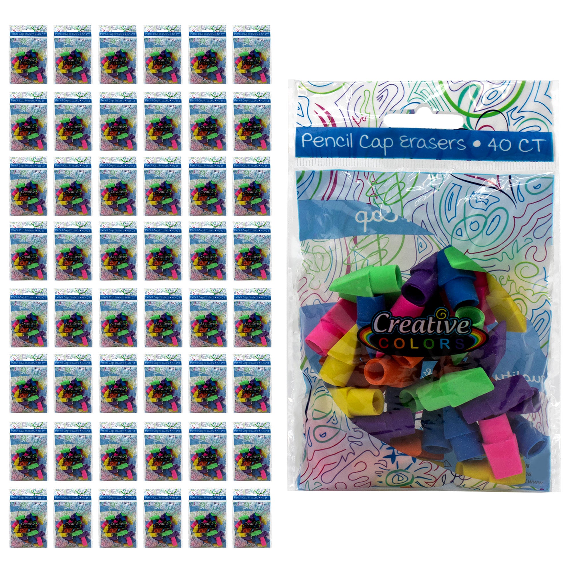 40 Pack of Colored Pencil Cap Erasers - Bulk School Supplies Wholesale Case of 48 Packs of Colored Pencil Cap Erasers