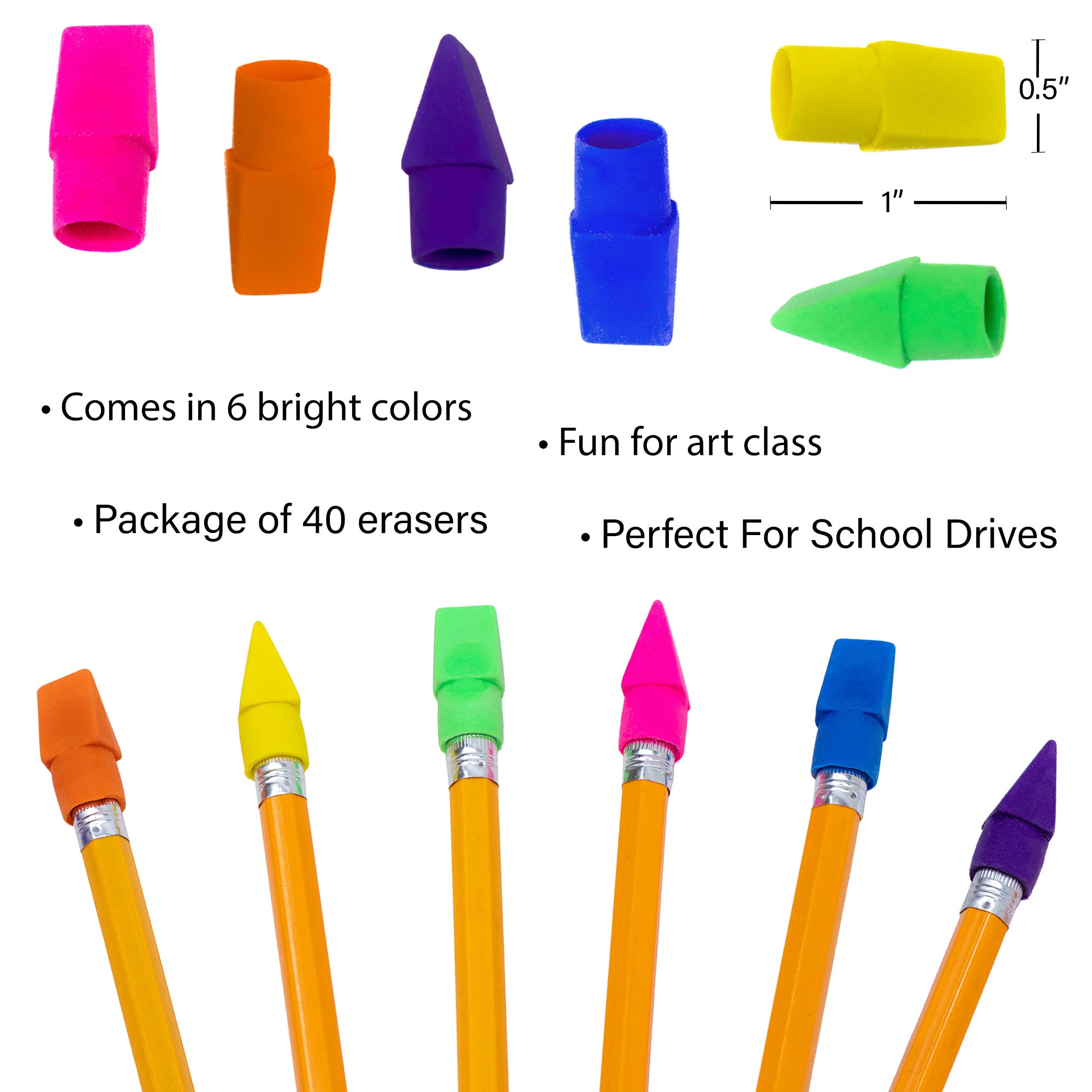 40 Pack of Colored Pencil Cap Erasers - Bulk School Supplies Wholesale Case of 48 Packs of Colored Pencil Cap Erasers