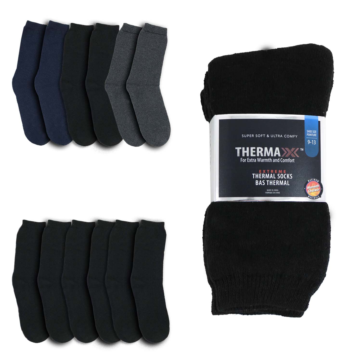 Unisex Crew Wholesale Thermal Sock, Size 9-13 in 3 Assorted Colors - Bulk Case of 96 Pairs